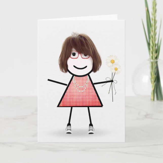 Cartão Birthday Stick Girl With Daisies Card (Frente)