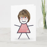 Cartão Birthday Stick Girl with Hair for Sister<br><div class="desc">Garota bonitinha com cabelo,  óculos vermelhos e vestido de gingham em um fundo branco para o aniversário da irmã. A cor de fundo pode ser alterada.</div>