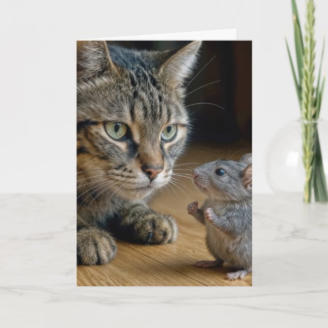 Cartão Birthday Tabby Cat With Brave Mouse (Frente)