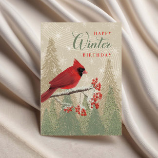 Cartão Birthday Winter Trees Berries and Cardinal 