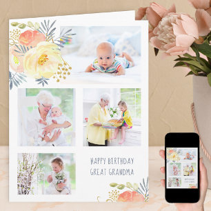 Cartão Bisavó 4 Foto Floral Pêssego Amarelo Aniversário