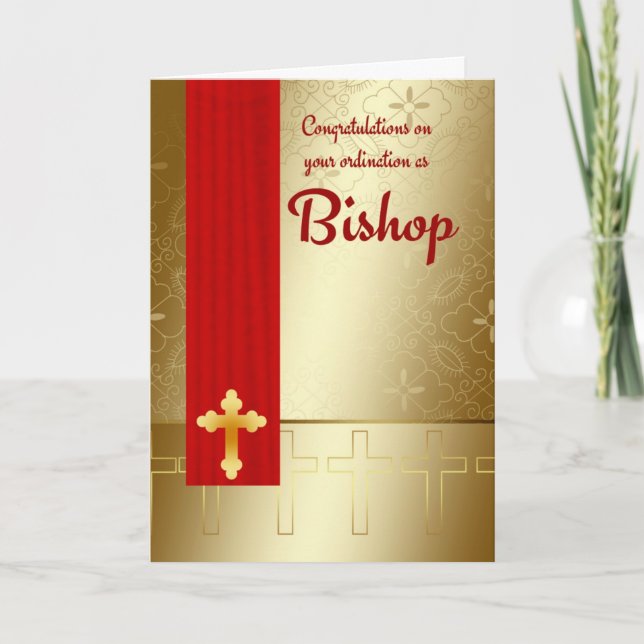 Cartão Bishop Classificação Vermelho e ouro dos parabéns (Frente)