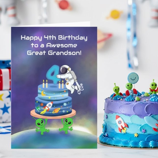 Cartão Bisneto Feliz 4º Aniversário Astronauta (Criador carregado)