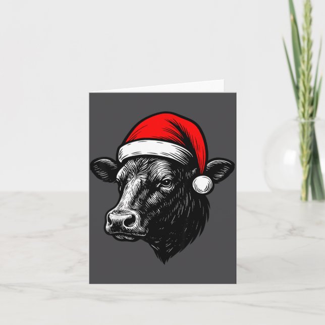 Cartão Black Angus Rancher Christmas Cow Santa Hat Farmer (Frente)