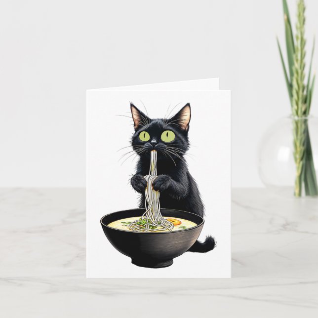 Cartão Black Cat Eating Ramen Noodles Japonês Comida (Frente)