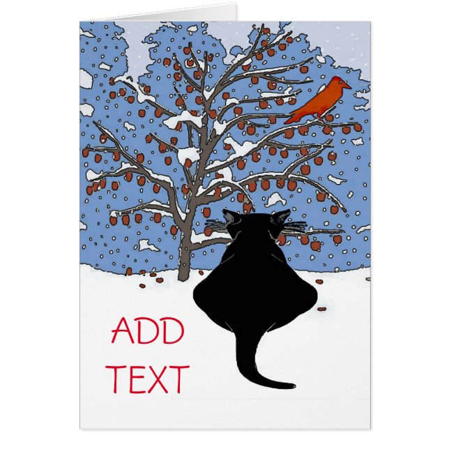 Cartão Black Cat in Snow with Red Bird, adicione texto, c (Frente)