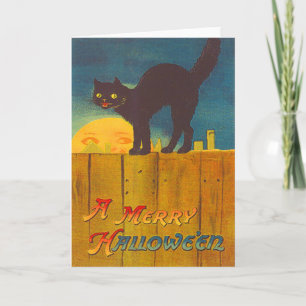 Cartão Black Cat On Fence Man In The Moon