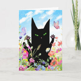 Cartão Black Cat Spring Greeting Card:  Kitty and Flowers