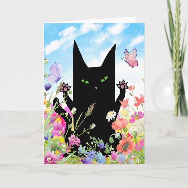 Cartão Black Cat Spring Greeting Card:  Kitty and Flowers (Frente)