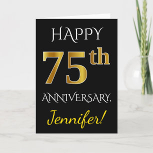 Cartão Black, Faux Gold 75th Wedding Anniversary + Name