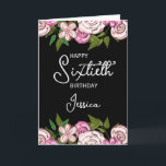Cartão Black Floral Black 60th Birthday<br><div class="desc">Preto,  cor-de-rosa e floral juntam-se perfeitamente nesta 60ª Carta de Aniversário Preta. O fundo preto é enfeitado com flores cor-de-rosa,  fazer uma escolha bela e elegante para um aniversário de marcos. A dentro da placa é deixada vazio para sua própria mensagem pessoal. Ilustrada e projetada por Patricia Alvarez.</div>
