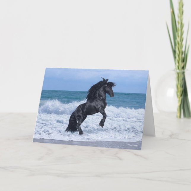 Cartão Black Friesian Stallion Rearing In the Sea (Frente)