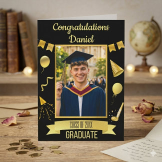 Cartão Black & Gold Congrats Graduation Card With Photo 
