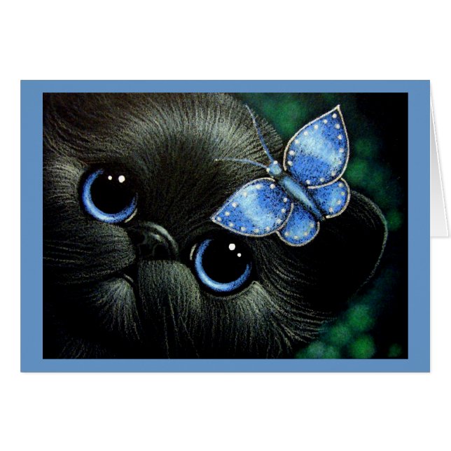 CARTÃO BLACK KITTEN CAT WITH BLUE BUTTERFLY  CARD (Frente Horizontal)