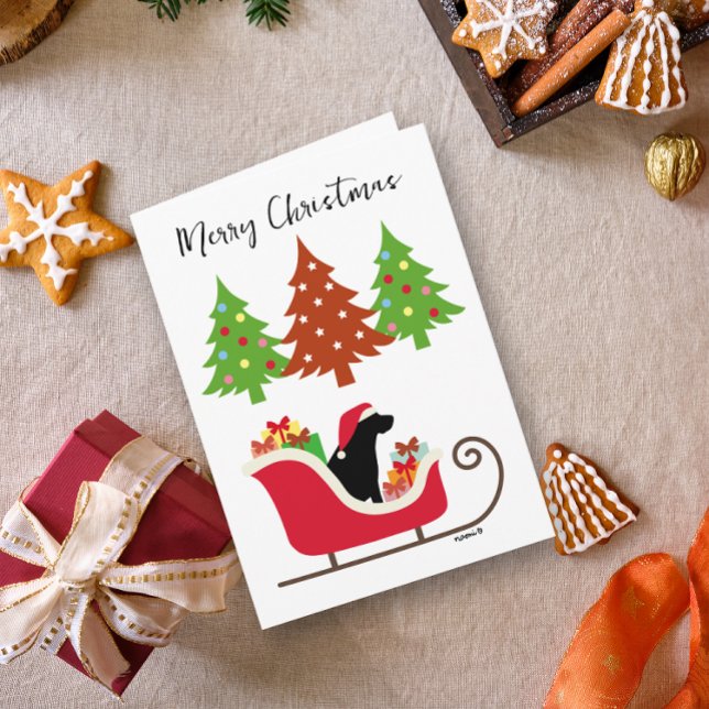 Cartão Black Labrador Silhouette Christmas Sleigh (Black Labrador Silhouette Christmas Sleigh Card for Black Labrador Owners.  Festive design.)