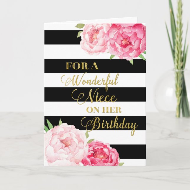 Cartão Black Stripes Pink Flowers Niece Birthday Card (Frente)