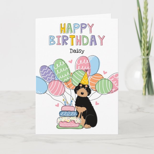Cartão Black Tan Aussiedoodle Dog Feliz Aniversário (Frente)