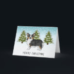 Cartão Black Tricolor Pembroke Corgi Dog Winter Christmas<br><div class="desc">A ilustração original do desenho de Destei de um cão da raça Pembroke Welsh Corgi, um tricolor negro. O cão é colocado numa cena de inverno com três árvores de abeto verde e neve caindo. O fundo é um gradiente azul a branco que dá à design aquele olhar frio do...</div>