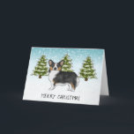 Cartão Black Tricolor Pembroke Corgi Dog Winter Christmas<br><div class="desc">A ilustração original do desenho de Destei de um cão da raça Pembroke Welsh Corgi, um tricolor negro. O cão é colocado numa cena de inverno com três árvores de abeto verde e neve caindo. O fundo é um gradiente azul a branco que dá à design aquele olhar frio do...</div>