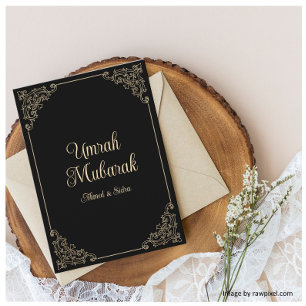 Cartão Black Vintage Dourado Swirl Umrah Mubarak Saudação