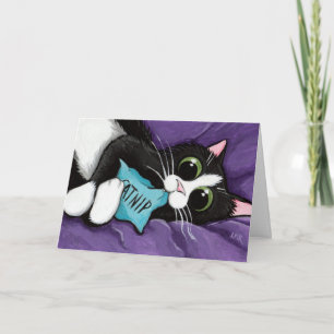 Cartão Black & White Cat with Catnip Pillow - Cat Art