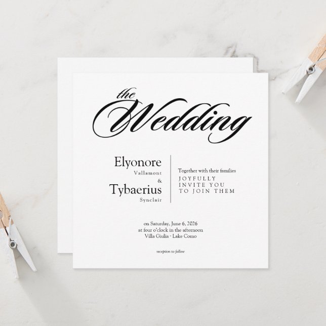 Cartão Black & White Minimal Square Wedding Invitation (Frente/Verso In Situ)
