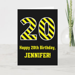 Cartão Black & Yellow Striped "20"; 20 Birthday + Nome