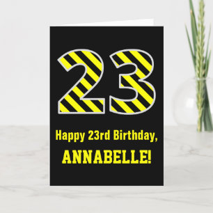 Cartão Black & Yellow Striped "23"; 23rd Birthday + Name
