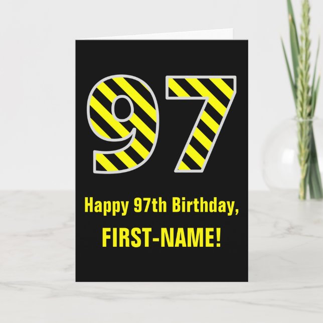 Cartão Black & Yellow Striped "97"; 97th Birthday + Name (Frente)