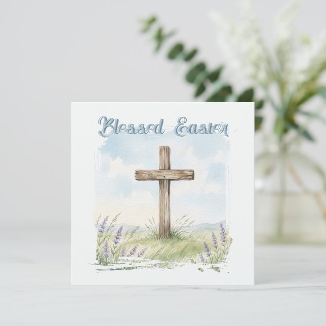 Cartão Blessed Easter Watercolor Easter Cross Greeting (Em pé/Frente)