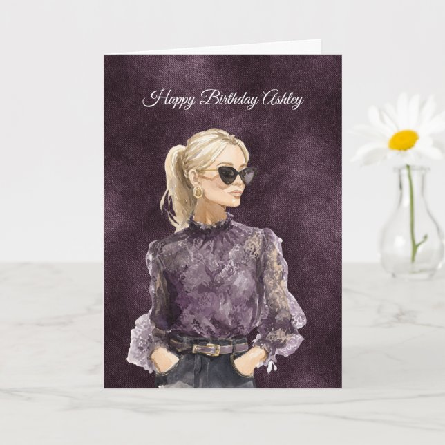Cartão Blond Female Sunglasses Purple Blouse Birthday (Planta pequena)