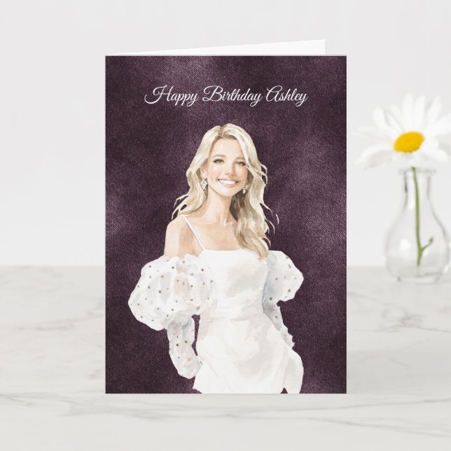 Cartão Blond Female White Dress Purple Birthday (Planta pequena)
