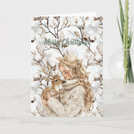 Cartão Blond Hair Girl with Deer Christmas