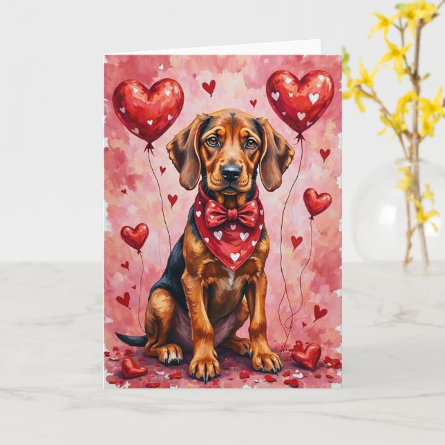 Cartão Bloodhound Valentine Dog Sitting with Hearts Red (Flor Amarela)