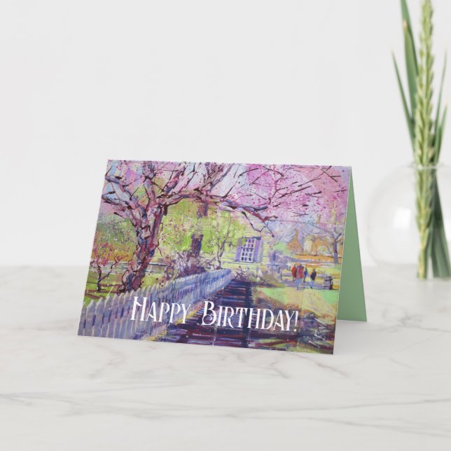 Cartão Blossomas Rosa Sobre Williamsburg Feliz Aniversári (Frente)