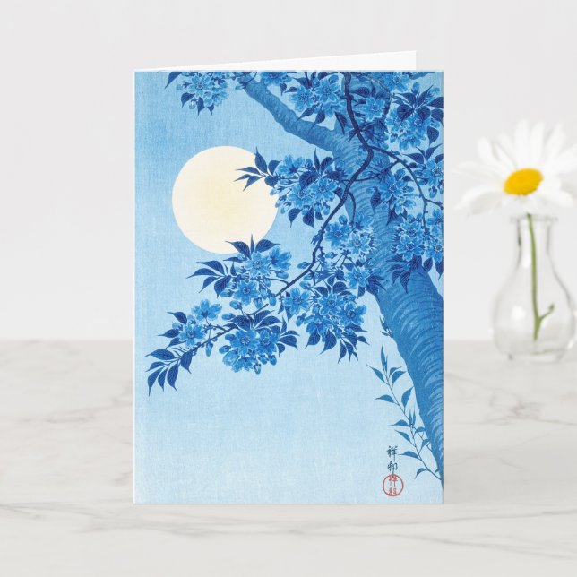 Cartão Blossoming Cherry Moonlit Night Ohara Koson Blue (Planta pequena)