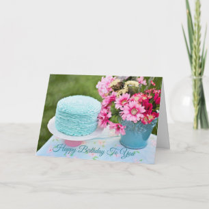 Cartão Blue and Pink Birthday Card Floral Chic