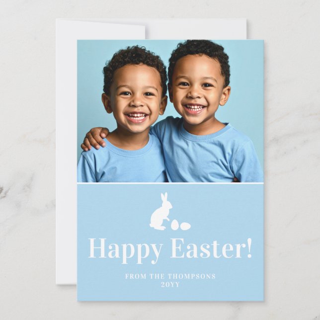 Cartão Blue And White Bunny With Custom Photo Easter (Frente)