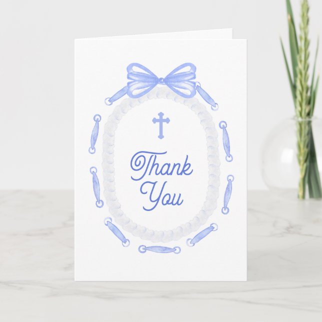 Cartão Blue Bow Frame Holy Cross Religious Thank You (Frente)