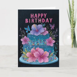 Cartão Blue Cake with Pink Hibiscus Birthday Greeting Car
