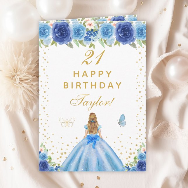 Cartão Blue Floral Blona Hair Girl Happy Birday (Criador carregado)