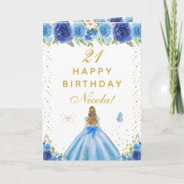 Cartão Blue Floral Blonde Hair Girl Birthday