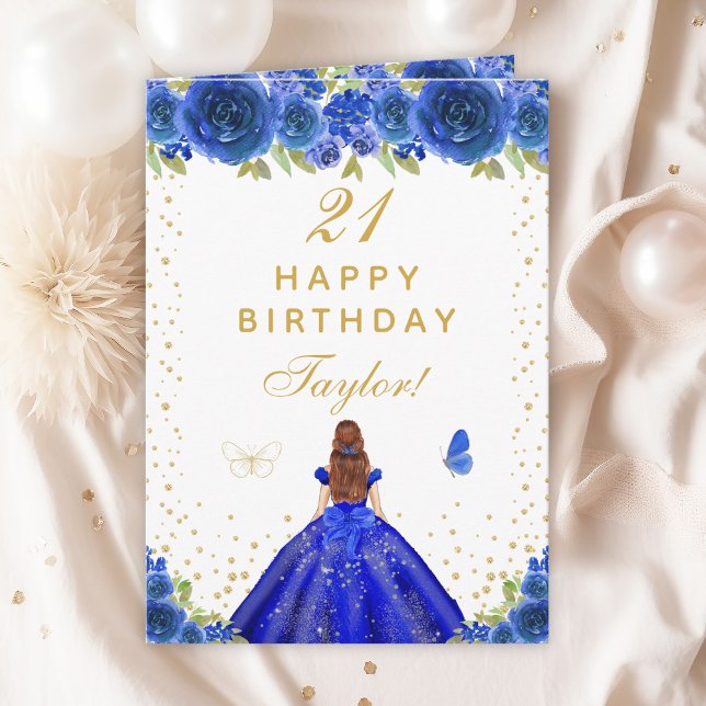 Cartão Blue Floral Brown Hair Girl Happy Birday (Criador carregado)