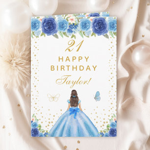 Cartão Blue Floral Brunette Hair Girl Happy Birday