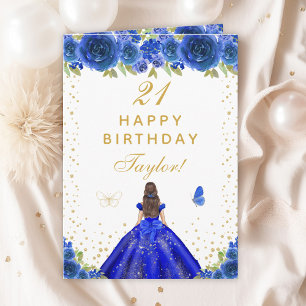 Cartão Blue Floral Brunette Hair Girl Happy Birday