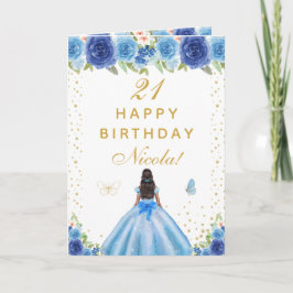 Cartão Blue Floral Dark Skin Girl Birthday