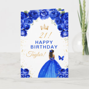Cartão Blue Floral Dark Skin Girl Happy Birthday