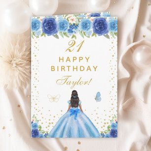 Cartão Blue Floral Dark Skin Girl Happy Birthday