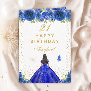 Cartão Blue Floral Dark Skin Girl Happy Birthday
