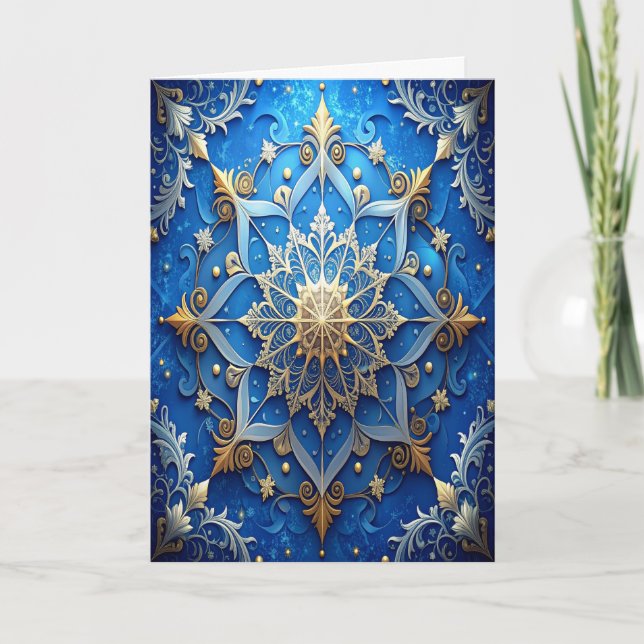 Cartão Blue Gold Decorative Holiday Card (Frente)